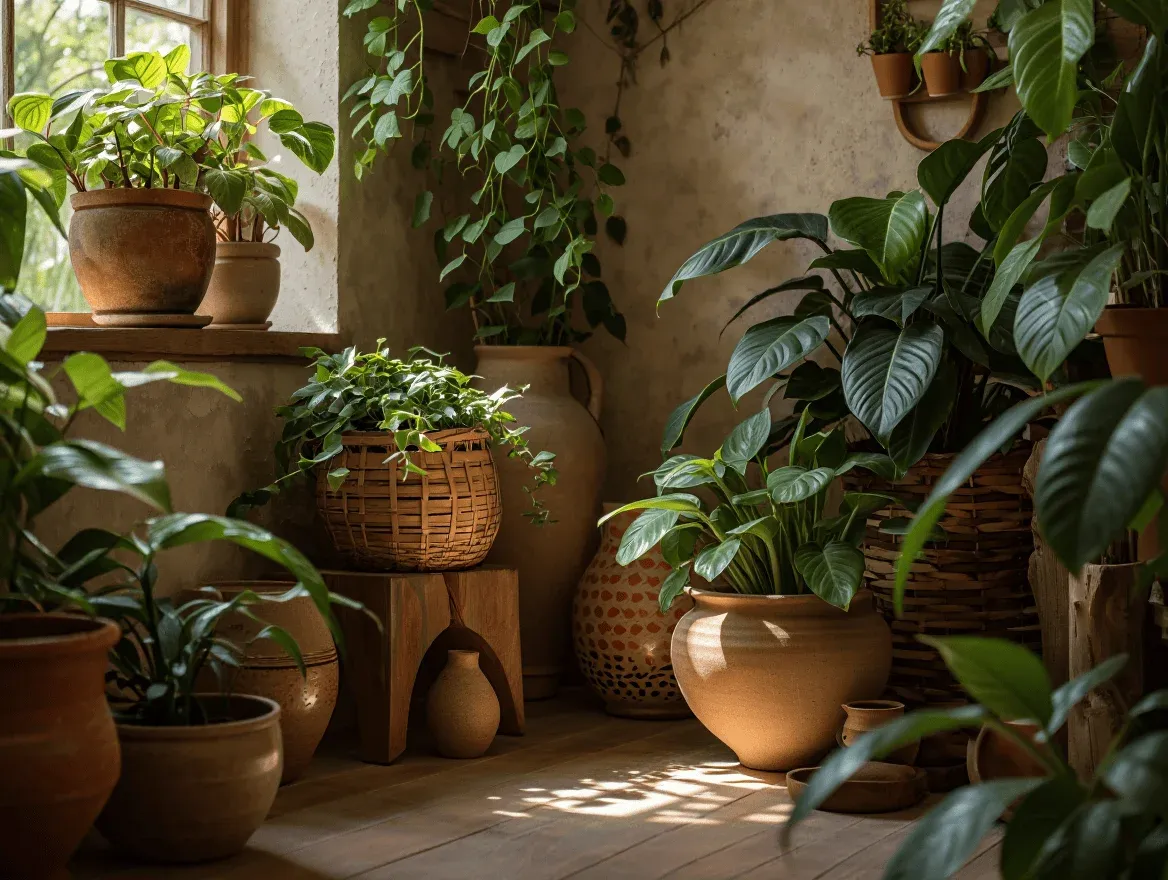 Detalle de plantas y texturas naturales con tonos tierra en un interior biofílico