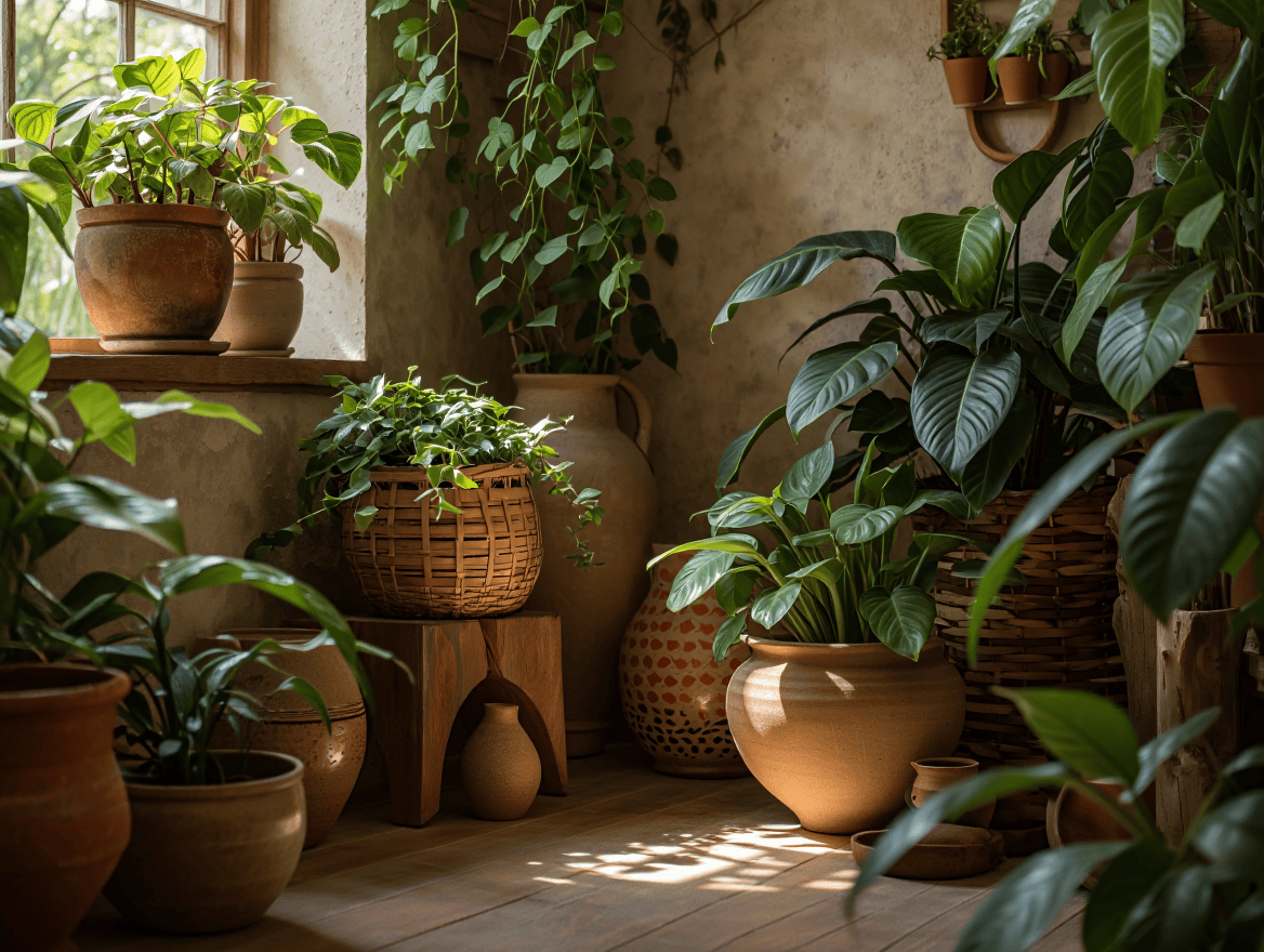 Detalle de plantas y texturas naturales con tonos tierra en un interior biofílico