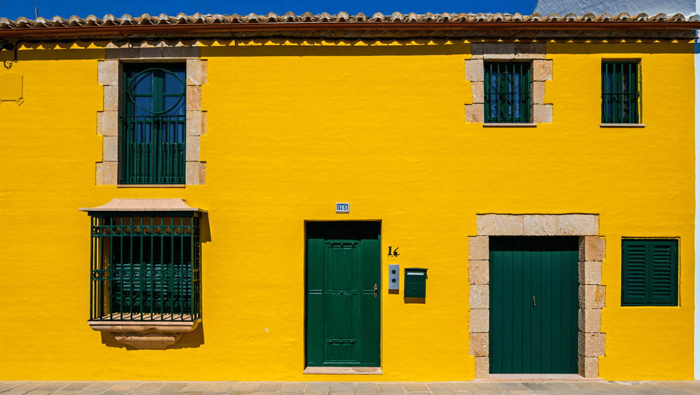 Fachada de una casa mallorquina recién pintada con colores vibrantes y protección