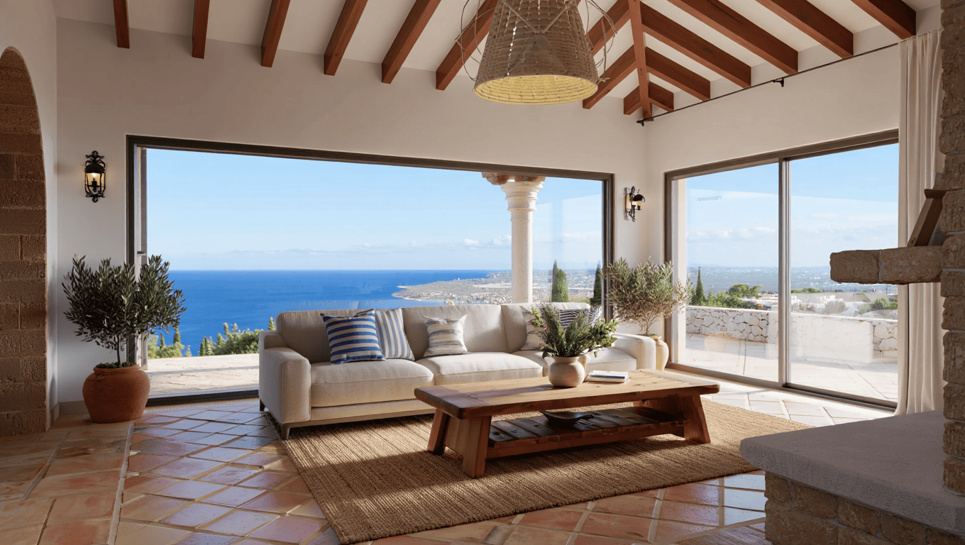 Inspiración Mediterránea en un salón moderno con vistas al mar en Mallorca